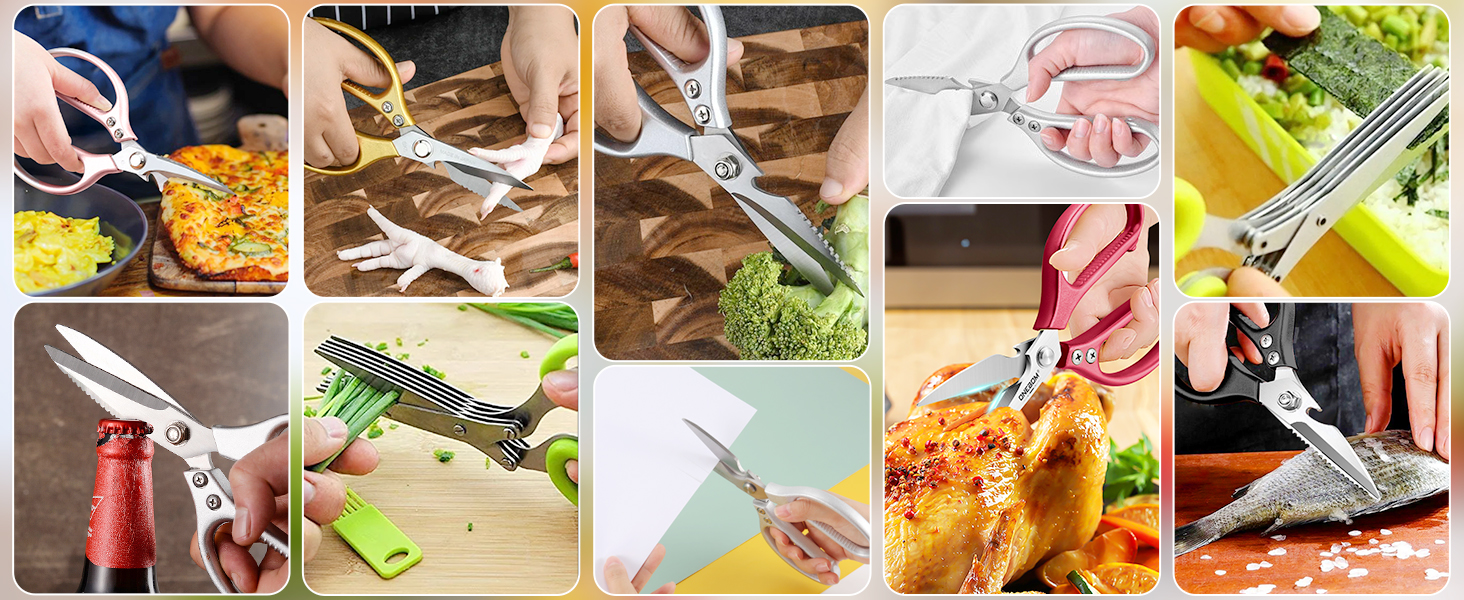 ONEBOM Kitchen Shears 2 Pack,Multi-Function Kitchen Scissors Heavy Duty Sharp 304 Stainless Steel, Apartment Kitchen Accessories Cooking Shears for Chicken,Meat,Fish,Poultry(Sliver)