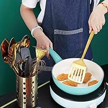 Gold Spatulas, Berglander Slotted Turner Titanium Gold Plating, Metal Turner For Cooking, Kitchen Barbecue Spatulas, Dishwasher Safe, Easy to Clean