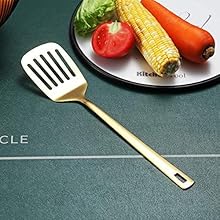 Gold Spatulas, Berglander Slotted Turner Titanium Gold Plating, Metal Turner For Cooking, Kitchen Barbecue Spatulas, Dishwasher Safe, Easy to Clean