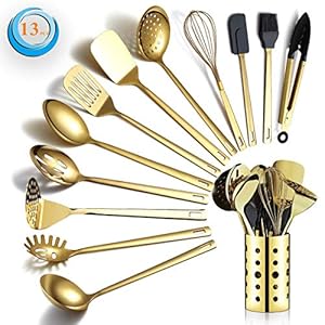 Gold Cooking Utensils Set, Berglander Stainless Steel 13 Pieces Kitchen Utensils Set With Titanium Gold Plating, Kitchen Tools Set With Utensil Holder, Dishwasher Safe, Easy to Clean