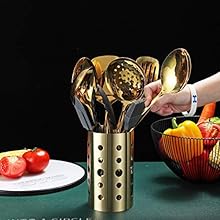 Gold Cooking Utensils Set, Berglander Stainless Steel 13 Pieces Kitchen Utensils Set With Titanium Gold Plating, Kitchen Tools Set With Utensil Holder, Dishwasher Safe, Easy to Clean