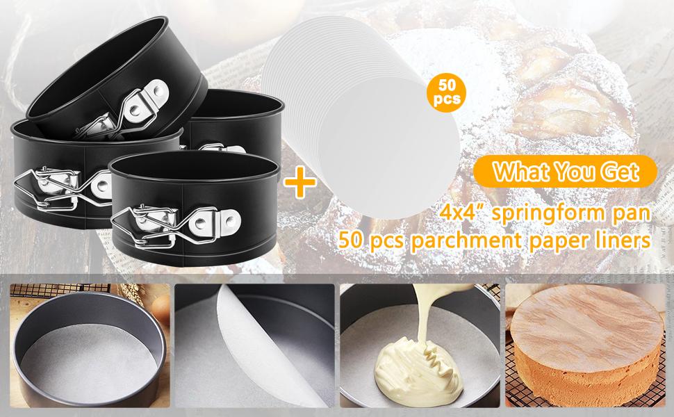 MASSUGAR Springform Pan 4 Pack 4-Inch Mini Cake Pan with 50 Pcs Parchment Paper Liners, Nonstick Leakproof Cheesecake Pan for Mini Cheesecakes Pizzas and Quiches
