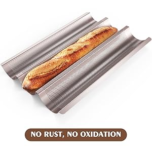 Baguette Pan, French Bread Pans For Baking Pan, Nonstick 3 Slots Perforated Italian Loaf Pan Mold Long French Bread Pan,Golden