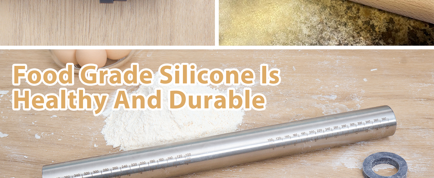 Adjustable Rolling Pin with Thickness Rings for Baking -Non Stick Stainless Steel Dough Roller Pin with Bands for Cookie,Wood,Wooden and Bread (Grey, 15.8 '')