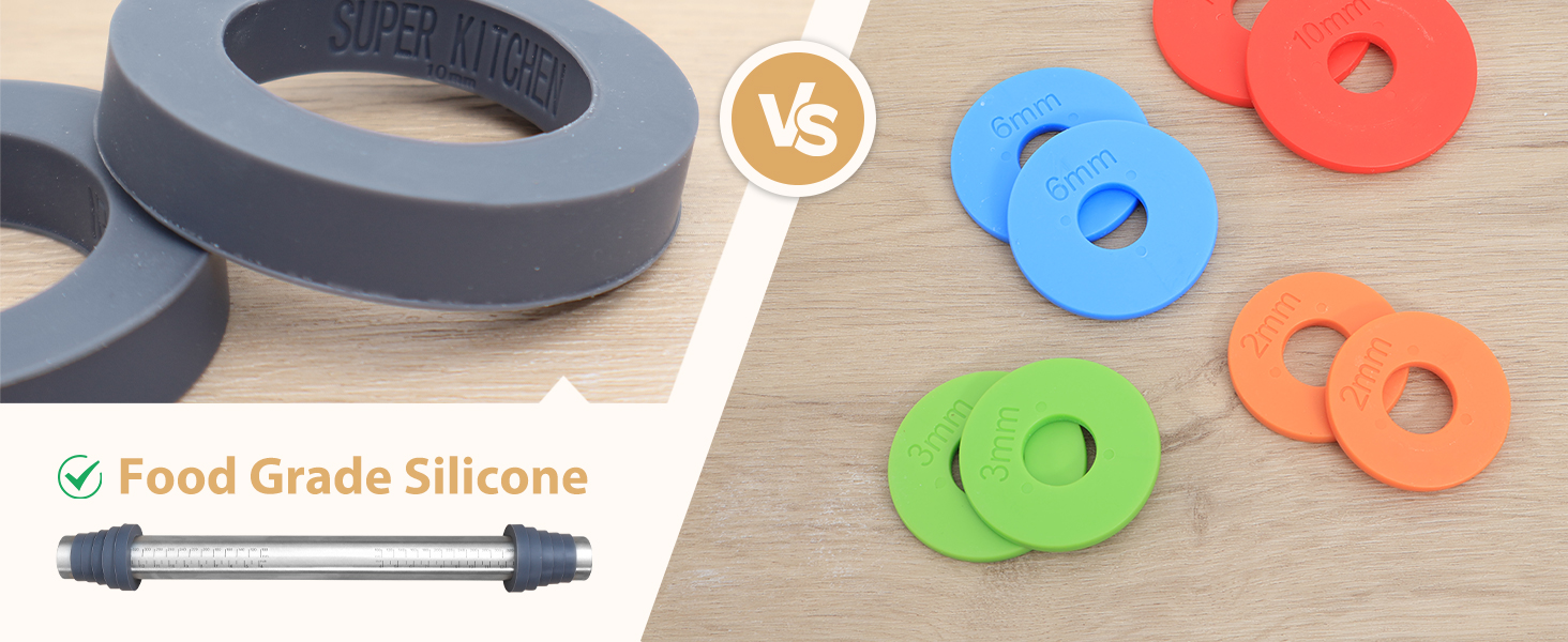 Adjustable Rolling Pin with Thickness Rings for Baking -Non Stick Stainless Steel Dough Roller Pin with Bands for Cookie,Wood,Wooden and Bread (Grey, 15.8 '')