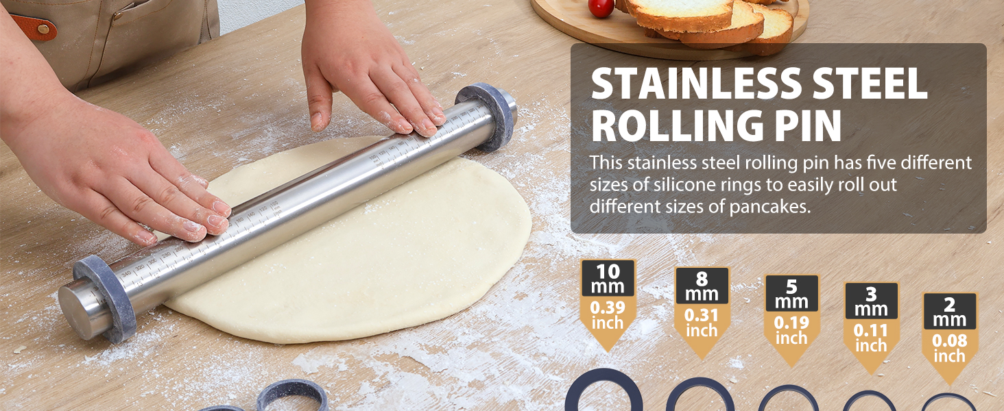 Adjustable Rolling Pin with Thickness Rings for Baking -Non Stick Stainless Steel Dough Roller Pin with Bands for Cookie,Wood,Wooden and Bread (Grey, 15.8 '')