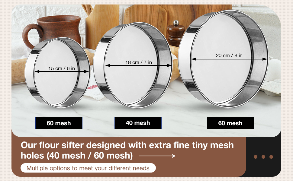 Patelai 3 Pcs Stainless Steel Round Flour Sifter Sieve Fine Mesh for Bake Decorate Cakes, Pies, Pastries, Cupcakes (6 Inch and 8 Inch 60 Mesh,7 Inch 40 Mesh)