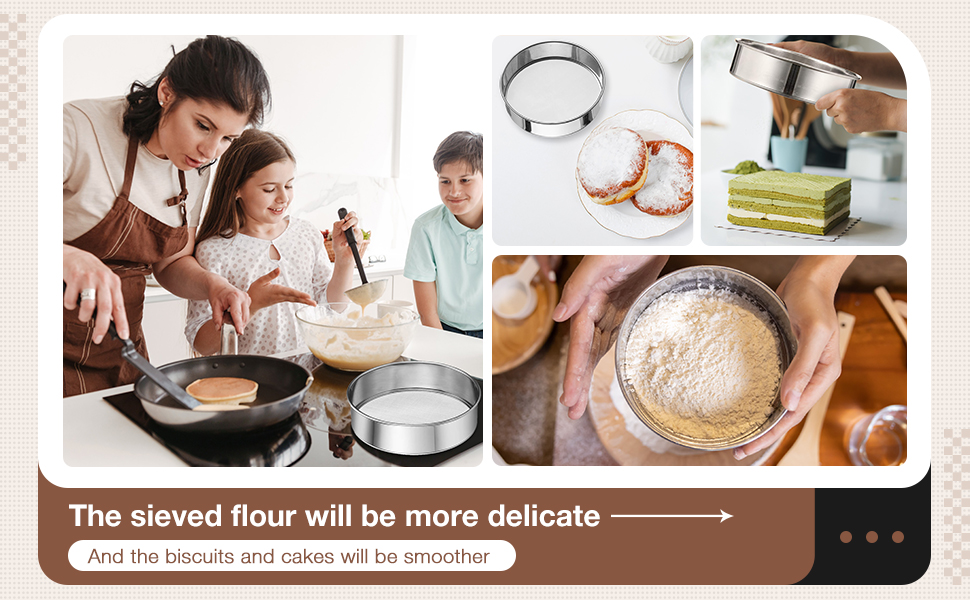 Patelai 3 Pcs Stainless Steel Round Flour Sifter Sieve Fine Mesh for Bake Decorate Cakes, Pies, Pastries, Cupcakes (6 Inch and 8 Inch 60 Mesh,7 Inch 40 Mesh)