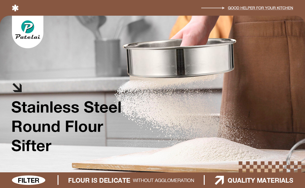 Patelai 3 Pcs Stainless Steel Round Flour Sifter Sieve Fine Mesh for Bake Decorate Cakes, Pies, Pastries, Cupcakes (6 Inch and 8 Inch 60 Mesh,7 Inch 40 Mesh)