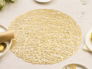 Gold Round Placemats for Dinner Table Set of 6 Metallic Hollow Out Line Circle Table Mats Vinyl Place Mats for Dinning Decor Wedding Accent Centerpiece