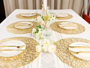 Gold Round Placemats for Dinner Table Set of 6 Metallic Hollow Out Line Circle Table Mats Vinyl Place Mats for Dinning Decor Wedding Accent Centerpiece