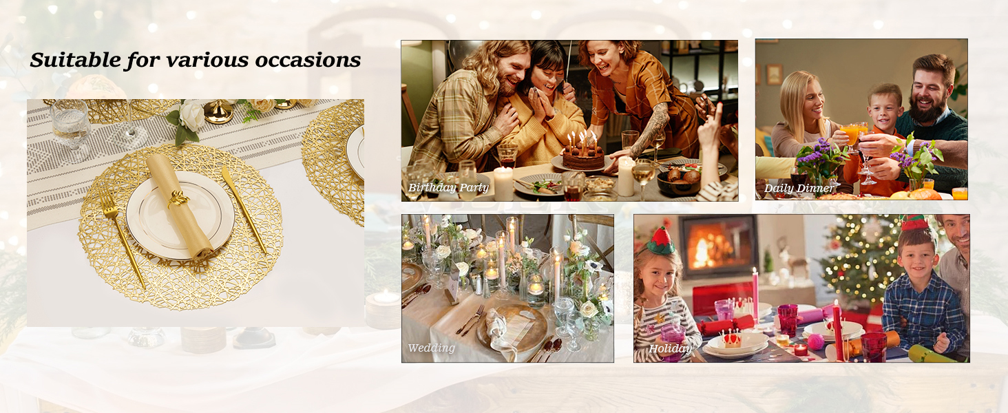 Gold Round Placemats for Dinner Table Set of 6 Metallic Hollow Out Line Circle Table Mats Vinyl Place Mats for Dinning Decor Wedding Accent Centerpiece