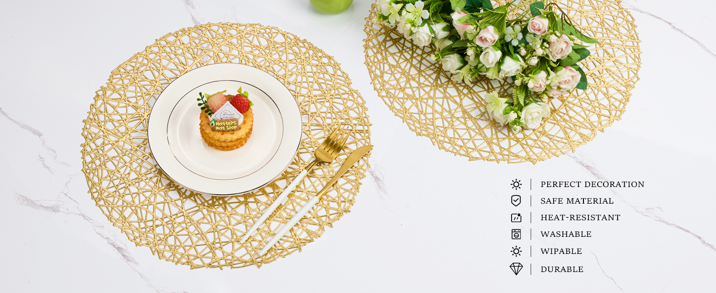 Gold Round Placemats for Dinner Table Set of 6 Metallic Hollow Out Line Circle Table Mats Vinyl Place Mats for Dinning Decor Wedding Accent Centerpiece