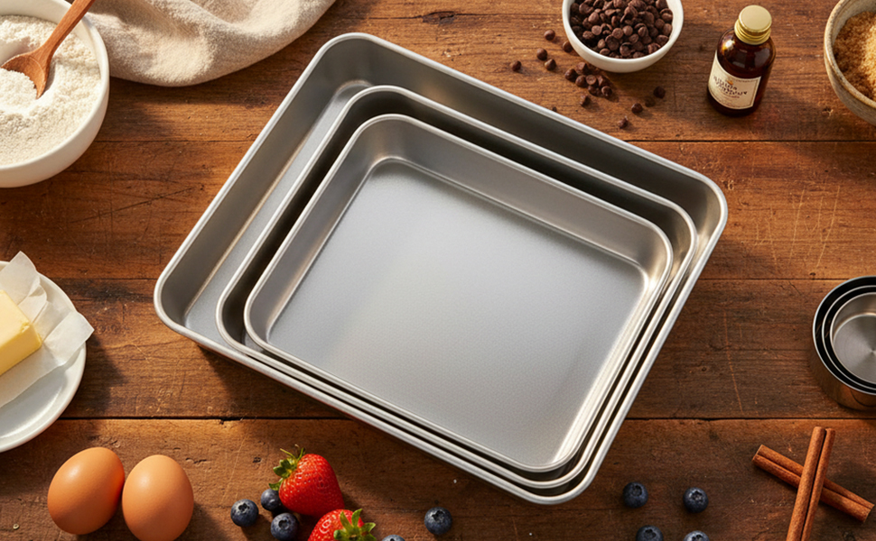 E-far Baking Pans Set of 3, Stainless Steel Sheet Cake Pan for Oven - 12.5/10.5/9.4Inch, Rectangle Bakeware Set for Cake Lasagna Brownie Casserole Cookie, Non-toxic & Healthy, Dishwasher Safe