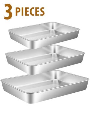 E-far Baking Pans Set of 3, Stainless Steel Sheet Cake Pan for Oven - 12.5/10.5/9.4Inch, Rectangle Bakeware Set for Cake Lasagna Brownie Casserole Cookie, Non-toxic & Healthy, Dishwasher Safe