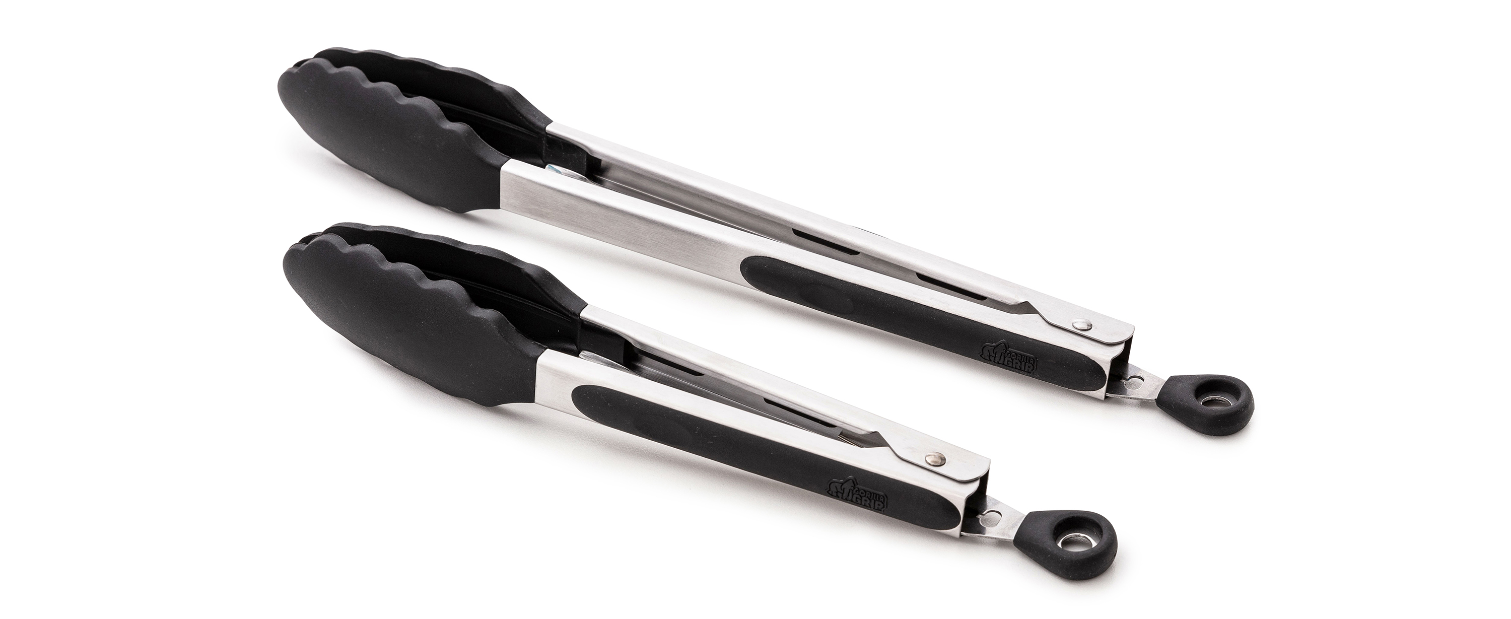 GORILLA GRIP Stainless Steel Heat Resistant Kitchen Tongs for Cooking, 9 + 12 Inch, Set of 2 BBQ Tong, Non Scratch Silicone Tip for Pan, Strong Grip, Grab Food, Toss Salad, Air Fryer, Pull Lock, Black