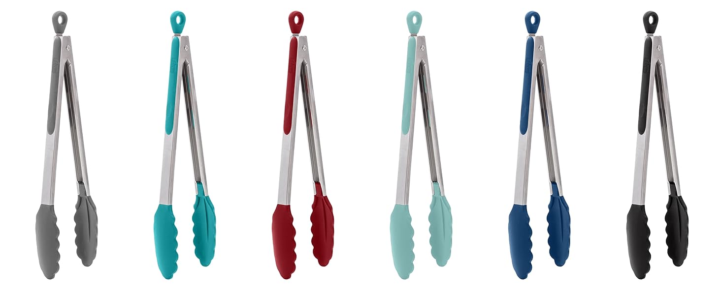 GORILLA GRIP Stainless Steel Heat Resistant Kitchen Tongs for Cooking, 9 + 12 Inch, Set of 2 BBQ Tong, Non Scratch Silicone Tip for Pan, Strong Grip, Grab Food, Toss Salad, Air Fryer, Pull Lock, Black