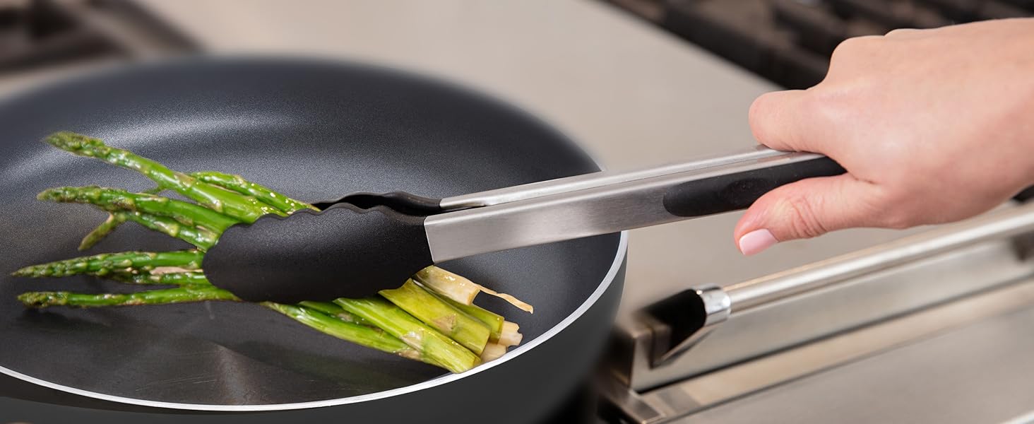 GORILLA GRIP Stainless Steel Heat Resistant Kitchen Tongs for Cooking, 9 + 12 Inch, Set of 2 BBQ Tong, Non Scratch Silicone Tip for Pan, Strong Grip, Grab Food, Toss Salad, Air Fryer, Pull Lock, Black