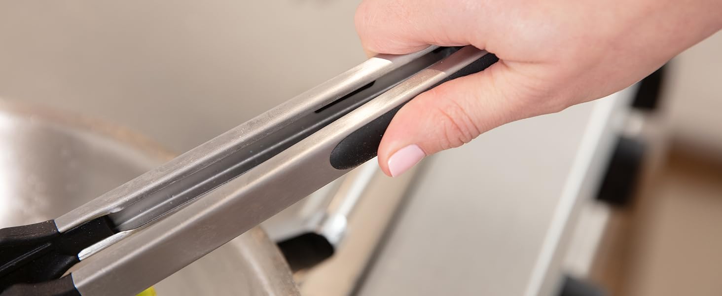 GORILLA GRIP Stainless Steel Heat Resistant Kitchen Tongs for Cooking, 9 + 12 Inch, Set of 2 BBQ Tong, Non Scratch Silicone Tip for Pan, Strong Grip, Grab Food, Toss Salad, Air Fryer, Pull Lock, Black