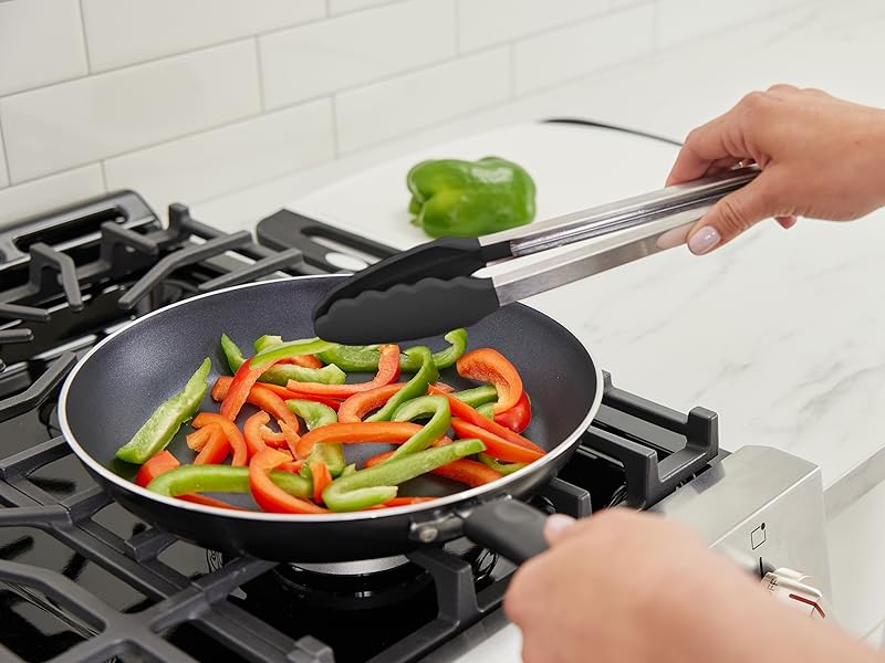 GORILLA GRIP Stainless Steel Heat Resistant Kitchen Tongs for Cooking, 9 + 12 Inch, Set of 2 BBQ Tong, Non Scratch Silicone Tip for Pan, Strong Grip, Grab Food, Toss Salad, Air Fryer, Pull Lock, Black