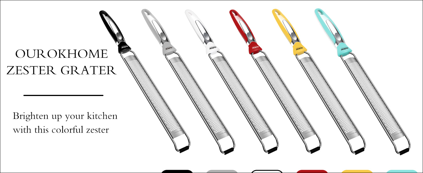 Ourokhome Kitchen Lemon Zester, Stainless Steel Hand Held Parmesan Cheese Grater for Ginger, Chocolate, Coconut, Lime, Nutmeg, Citrus, Fruit, Vegetable with Cleaning Brush, Dishwasher safe, Red