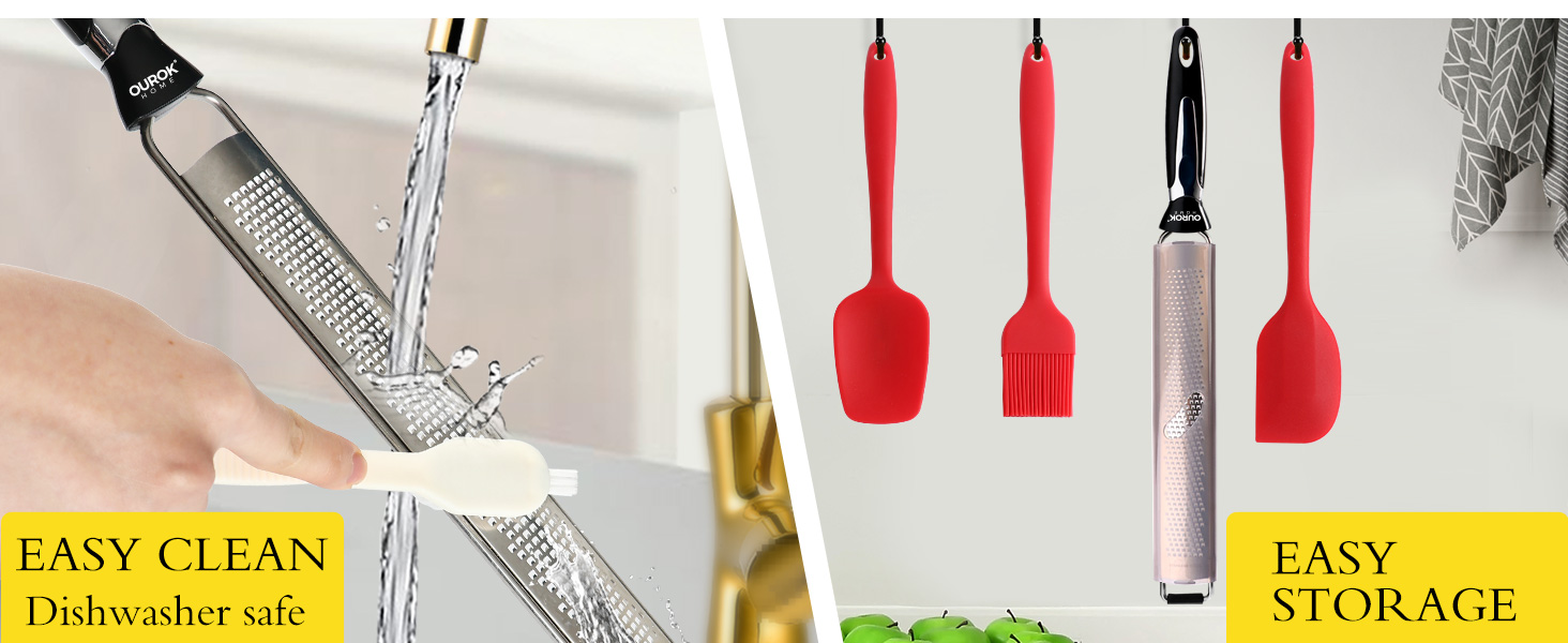 Ourokhome Kitchen Lemon Zester, Stainless Steel Hand Held Parmesan Cheese Grater for Ginger, Chocolate, Coconut, Lime, Nutmeg, Citrus, Fruit, Vegetable with Cleaning Brush, Dishwasher safe, Red