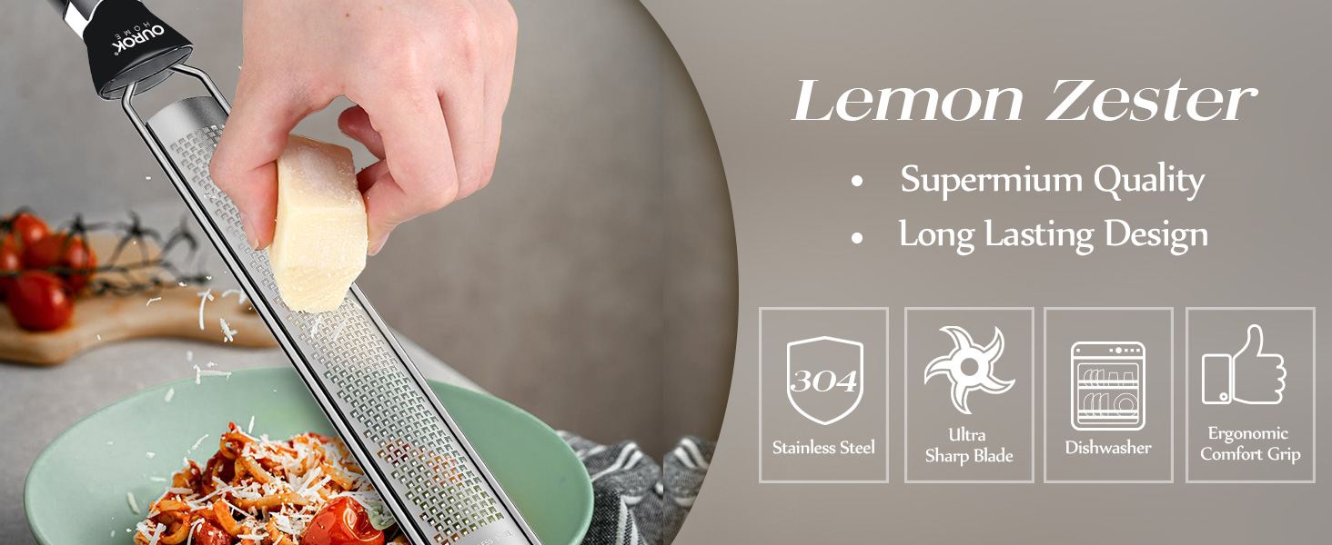 Ourokhome Kitchen Lemon Zester, Stainless Steel Hand Held Parmesan Cheese Grater for Ginger, Chocolate, Coconut, Lime, Nutmeg, Citrus, Fruit, Vegetable with Cleaning Brush, Dishwasher safe, Red