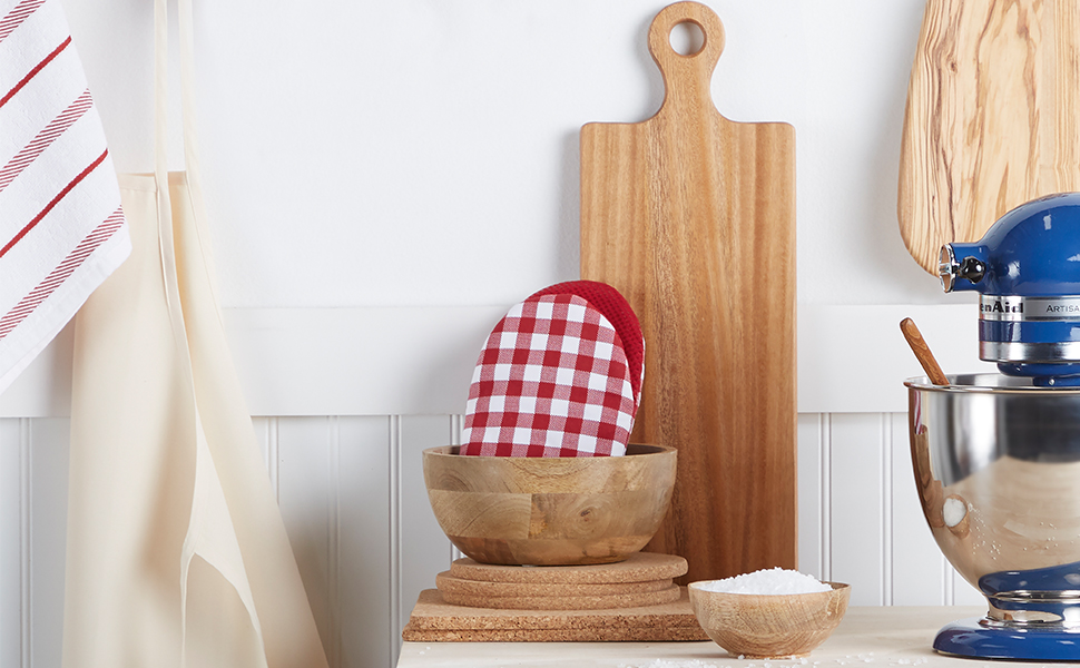 KitchenAid Gingham Mini Oven Mitt 2-Pack Set, Milkshake Tan, 5.5