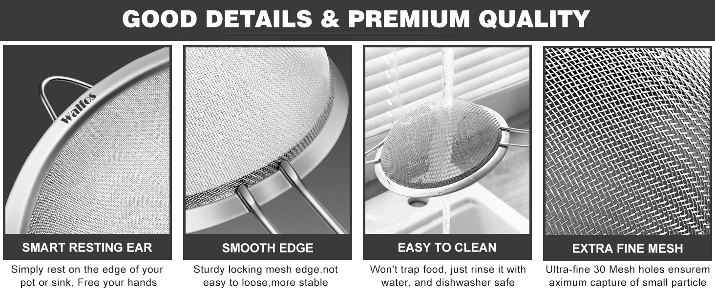Walfos Fine Mesh Strainers Set, Premium Stainless Steel Colanders and Sifters, with Reinforced Frame Sturdy Handle, Perfect for Sift, Strain, Drain Rinse Vegetables, Pastas Tea - 3 Sizes