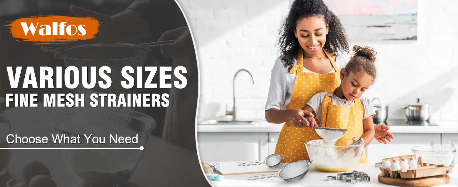 Walfos Fine Mesh Strainers Set, Premium Stainless Steel Colanders and Sifters, with Reinforced Frame Sturdy Handle, Perfect for Sift, Strain, Drain Rinse Vegetables, Pastas Tea - 3 Sizes