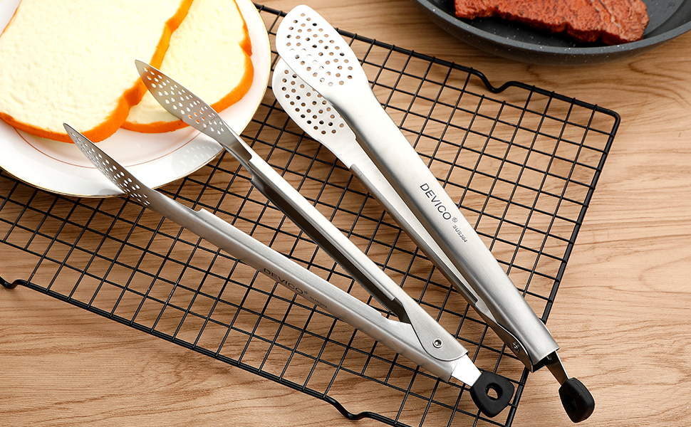Devico Kitchen Tongs for Cooking, 2-Piece 12 inch 18/8 Stainless Steel Metal BBQ Grill Tongs with Lock