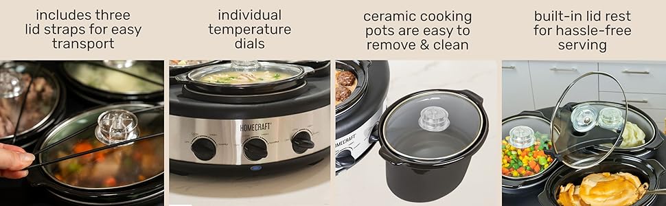 HomeCraft HCRTSCO15SS Triple Round Oval 1.5 Quart Stainless Steel Cooker Buffet with Adjustable Temperature Control, Removable Lids & Spoon Rests, Perfect for Dinner, Appetizers