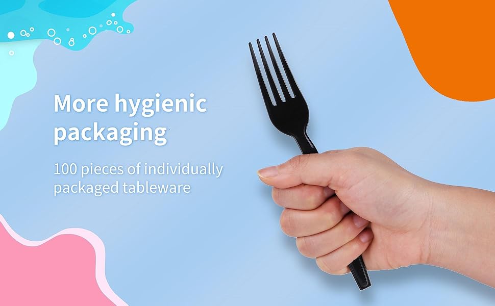 Plastic Fork Disposable Individually Packaged Forks Black 7-Inch Commercial Take Away Forks,Super Hard Mass Heavy Individually Wrapped Fork 100 PCS