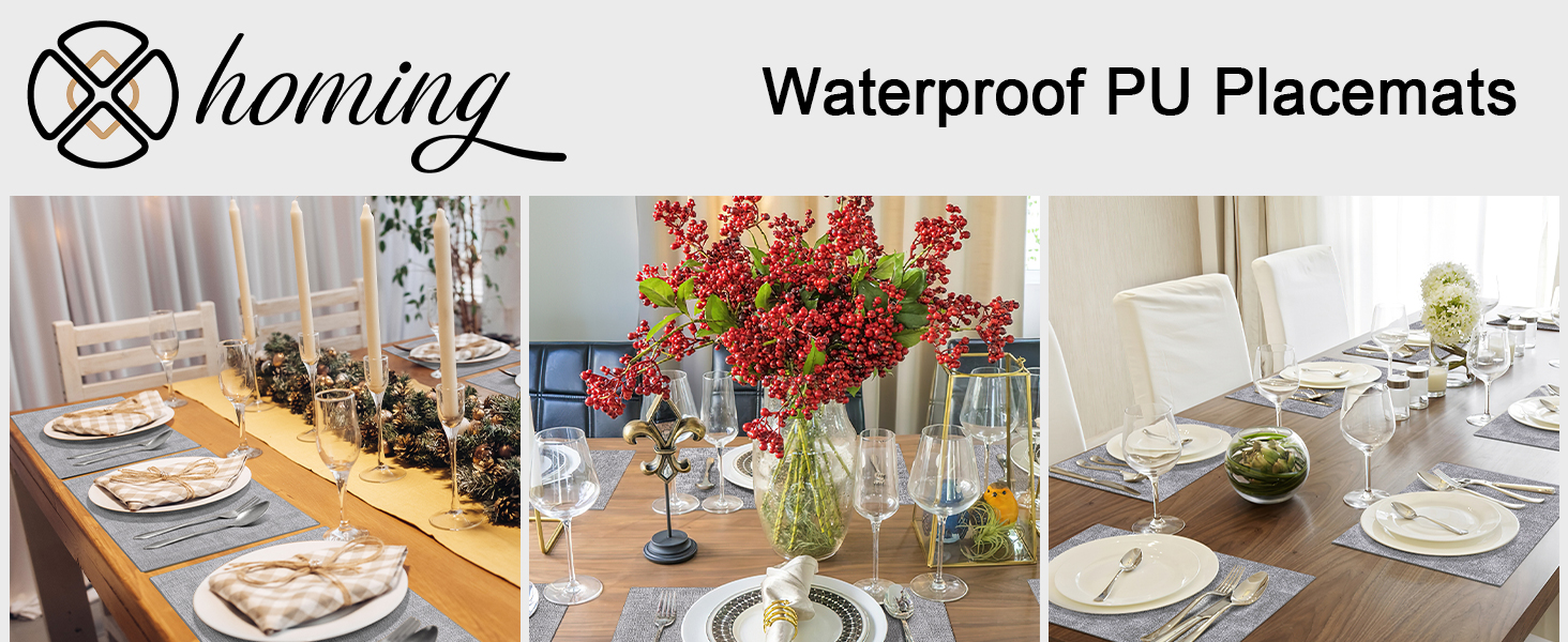 homing Faux Leather Heat Resistant Placemats 6 Packs, Waterproof Wipeable Dining Easter PU Place Mats for Indoor & Outdoor, Easy to Clean, Light Grey