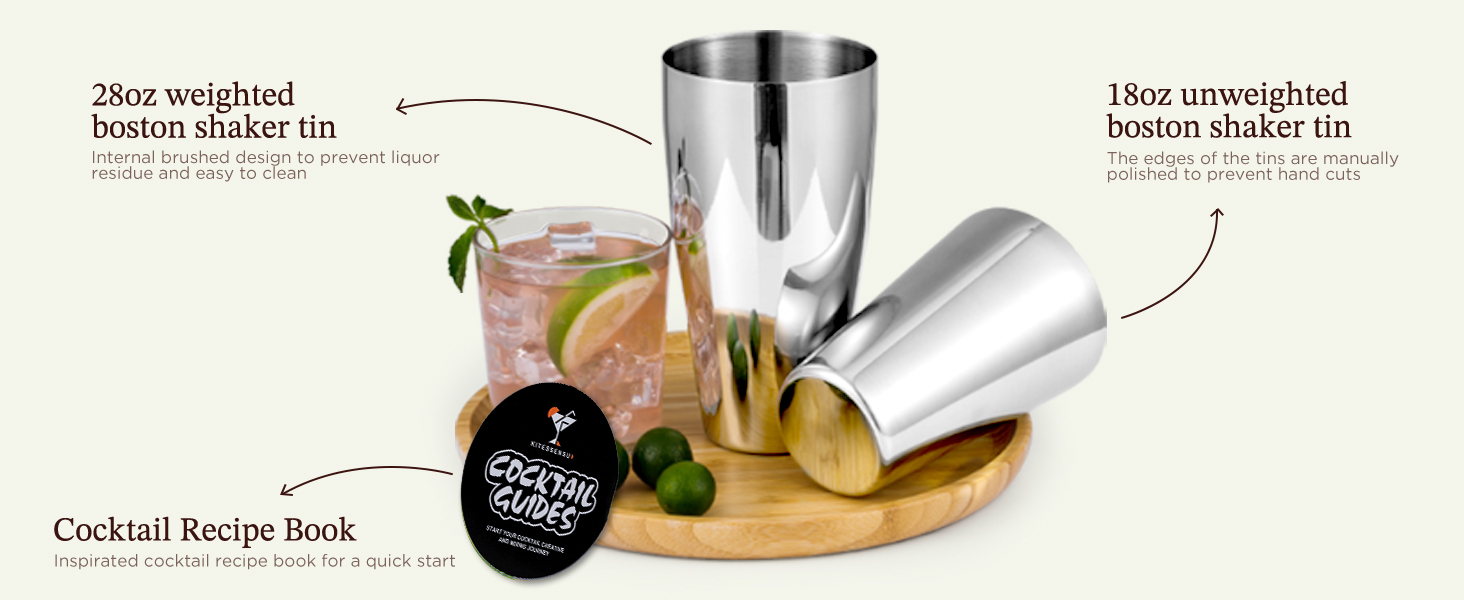 KITESSENSU Cocktail Shaker Set, 2-Piece Boston Shaker Set for Drink Mixing, Premium 18/8 Stainless Steel Martini Shaker for Bartending and Home Bar - 18oz & 28oz, Recipes Booklet Included, Silver