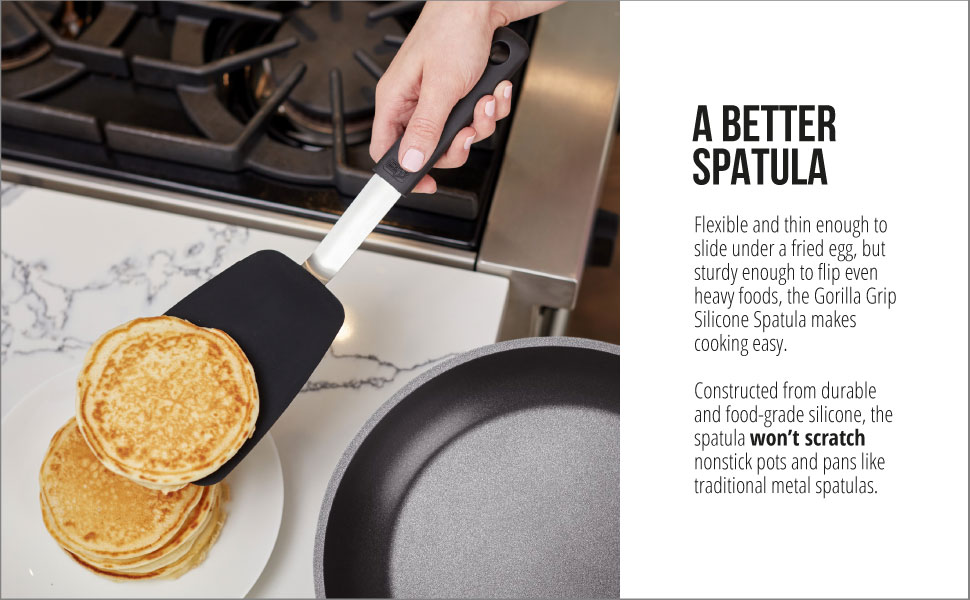 GORILLA GRIP Food Grade Flexible Silicone Spatula, Heat Resistant Head for Nonstick Frying Pan, Patented Soft Rubber Handle for Comfort, Non-Scratch Kitchen Turner, Flip Eggs Burgers, 11.6 in, Black