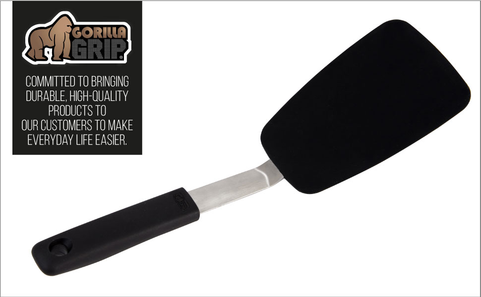 GORILLA GRIP Food Grade Flexible Silicone Spatula, Heat Resistant Head for Nonstick Frying Pan, Patented Soft Rubber Handle for Comfort, Non-Scratch Kitchen Turner, Flip Eggs Burgers, 11.6 in, Black