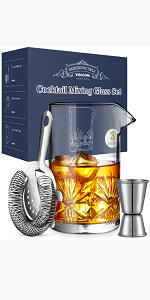 Cocktail Mixing Glass, veecom 18oz Crystal Mixing Glass Bartender Kit, 8 Piece Old Fashioned Cocktail Set with Strainer, Spoon, Jigger, Picks, Pourers, Bar Tools Cocktail Shaker Set (8 Pieces)