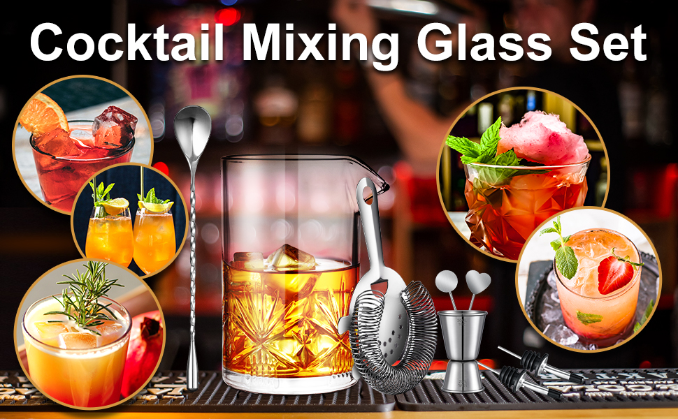 Cocktail Mixing Glass, veecom 18oz Crystal Mixing Glass Bartender Kit, 8 Piece Old Fashioned Cocktail Set with Strainer, Spoon, Jigger, Picks, Pourers, Bar Tools Cocktail Shaker Set (8 Pieces)