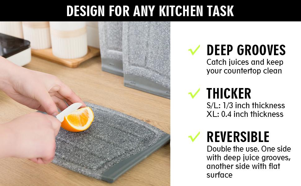 Small Plastic Cutting Board, 7.48" Mini Cutting Board for Small Kitchen Task, Non Slip Cutting Board, Unique Design with Multiple Juice Grooves! BPA Free, Dishwasher Safe, Easy Grip Handle (Grey)