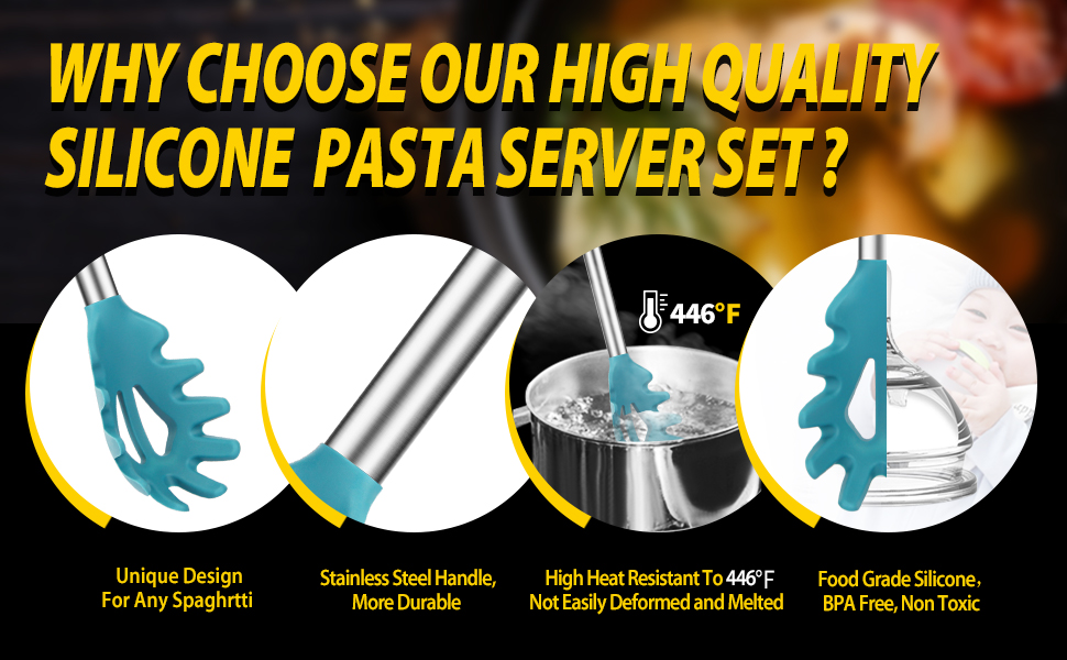 Pack of 2 Silicone Pasta Fork, Kitchen Heat Resistant Noodle Spoon Server, BPA Free Spaghetti Strainer, Best Cooking Tools (GRAY-BLUE)