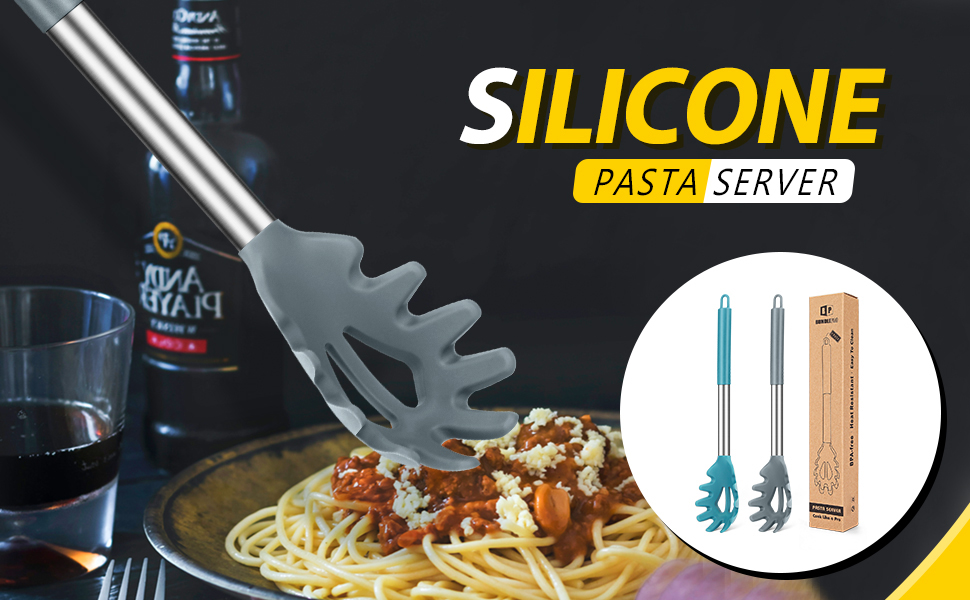 Pack of 2 Silicone Pasta Fork, Kitchen Heat Resistant Noodle Spoon Server, BPA Free Spaghetti Strainer, Best Cooking Tools (GRAY-BLUE)