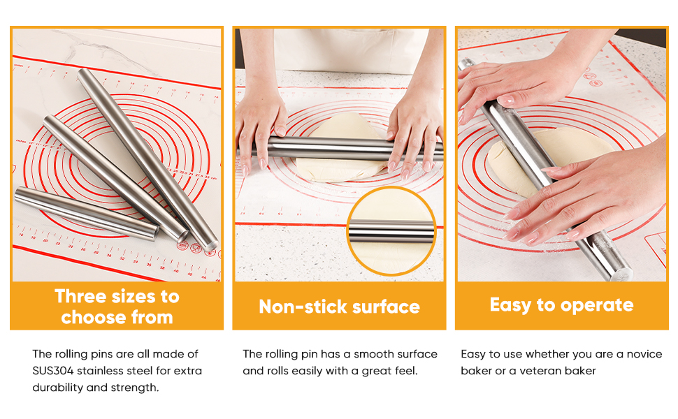 Smooth Stainless Steel Rolling Pin for Baking Fondant, Pizza, Pie, Pastry, Pasta, Dough, Cookies (12.8in)