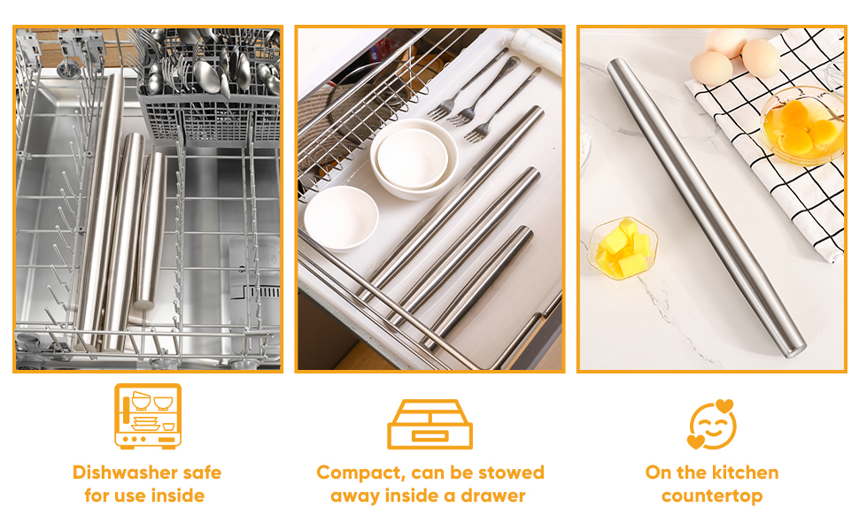 Smooth Stainless Steel Rolling Pin for Baking Fondant, Pizza, Pie, Pastry, Pasta, Dough, Cookies (12.8in)