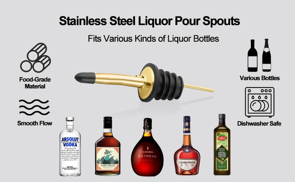 WAFJAMF 12 Pcs Liquor Pour Spouts Set, Stainless Steel Liquor Bottle Pourers with Rubber Dust Caps, for Pours Liquid, Olive Oil, Wine, Vinegar (Gold-12 Pack)