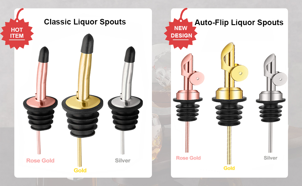WAFJAMF 12 Pcs Liquor Pour Spouts Set, Stainless Steel Liquor Bottle Pourers with Rubber Dust Caps, for Pours Liquid, Olive Oil, Wine, Vinegar (Gold-12 Pack)