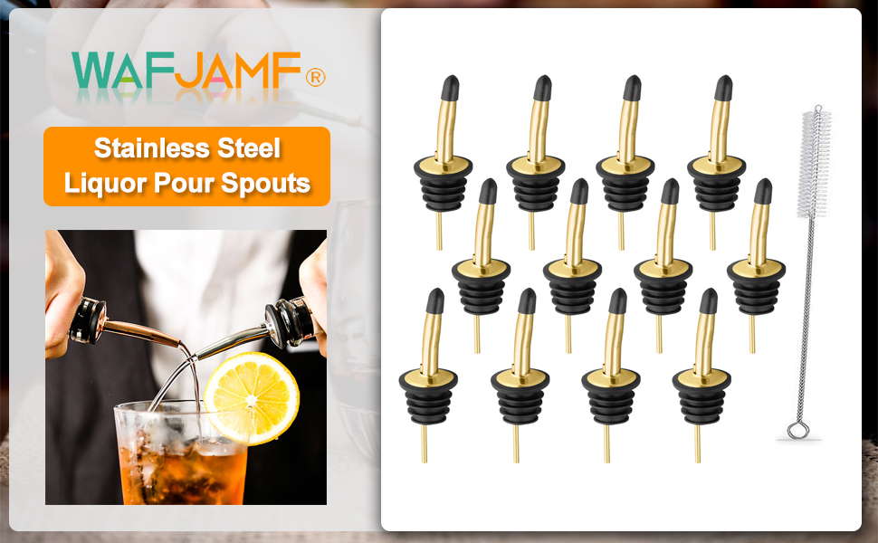 WAFJAMF 12 Pcs Liquor Pour Spouts Set, Stainless Steel Liquor Bottle Pourers with Rubber Dust Caps, for Pours Liquid, Olive Oil, Wine, Vinegar (Gold-12 Pack)