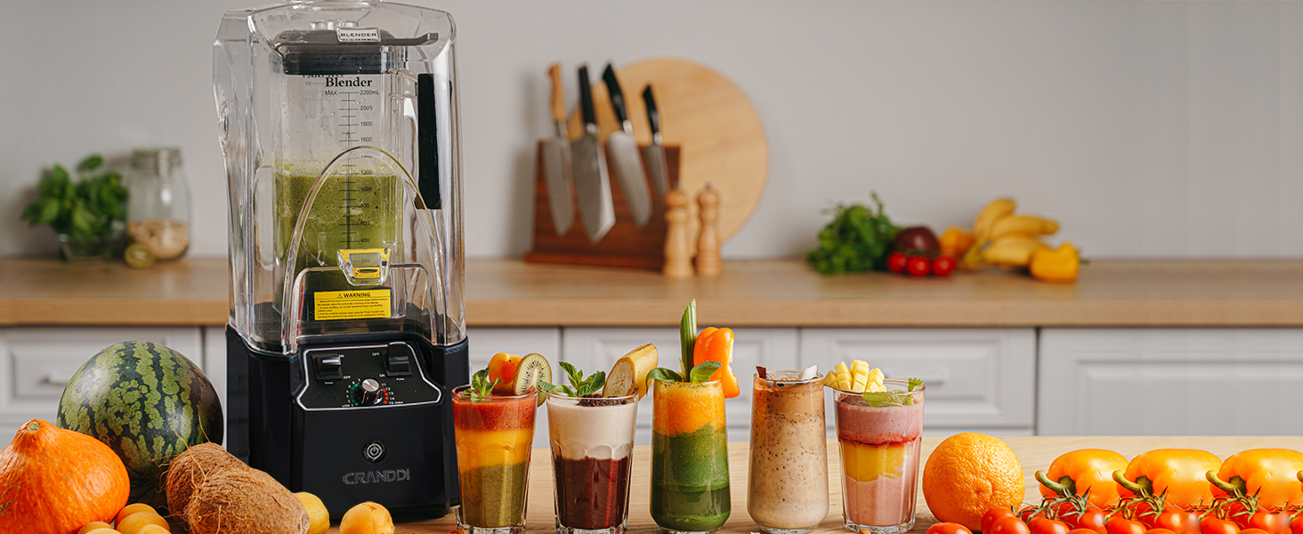 CRANDDI Commercial Quiet Blender, 2200 Watt Professional Countertop Blender with 80oz Pitcher, Built-in Pulse & 15-speeds Control, Smoothie Blender for Commercial and Home, K90 Black