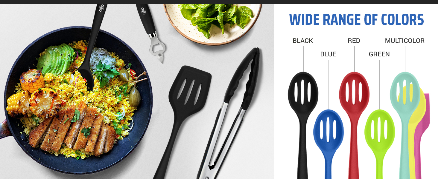 Kaluns Silicone Kitchen Utensils Set 24 Pcs Cooking Utensils Set - Can Opener, Masher, Turner, Spatula 446°F Heat Resistant Non-Stick - Premium Silicone and Stainless Steel Utensil Set