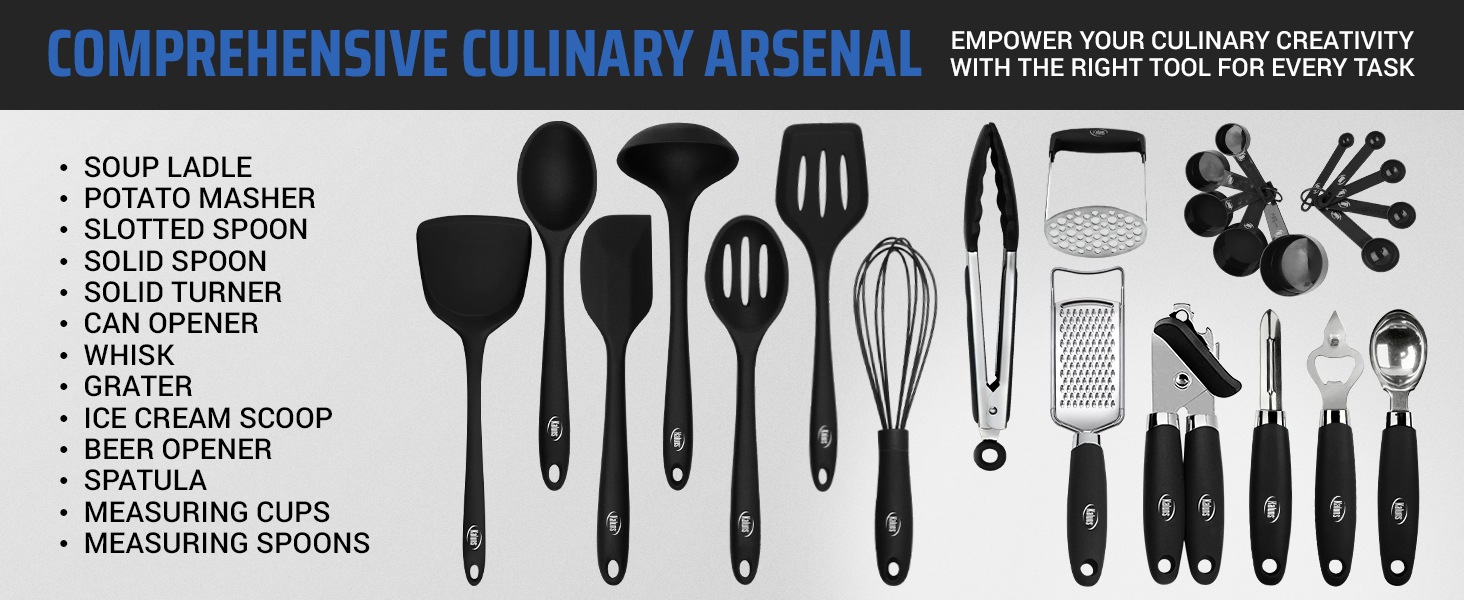 Kaluns Silicone Kitchen Utensils Set 24 Pcs Cooking Utensils Set - Can Opener, Masher, Turner, Spatula 446°F Heat Resistant Non-Stick - Premium Silicone and Stainless Steel Utensil Set